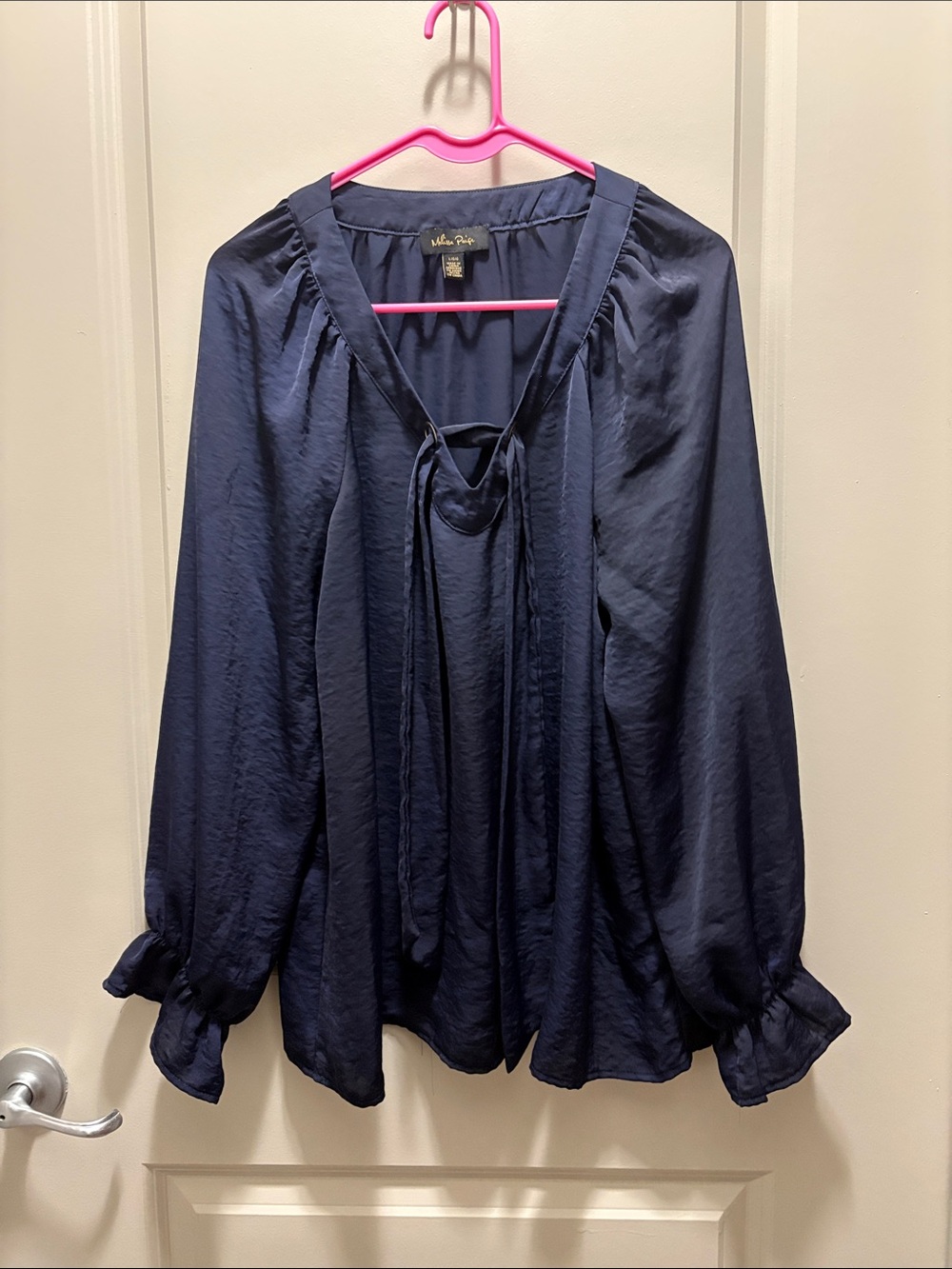 Melissa Paige Navy Tie-Front Long Sleeve Blouse